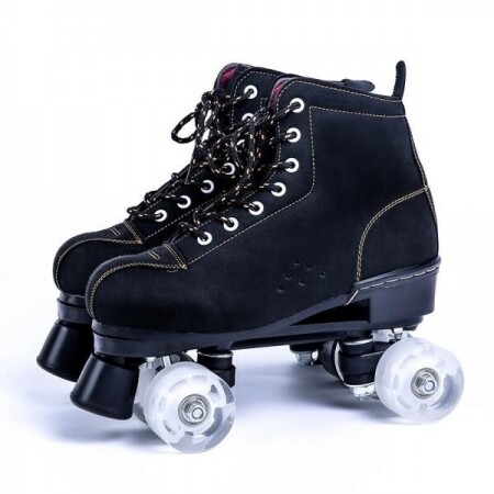 블랙 가죽 롤러 스케이트 신발, 4 휠 더블 행 플래시