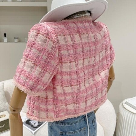 얇은 격자 무늬 트위드 자켓 여성 여름 o-넥 반팔 모