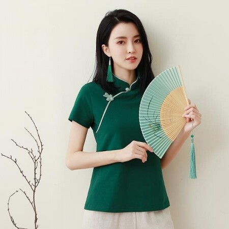 치파오반티 코튼 티셔츠 반팔 스탠드 중국 전통의상 치파오 블랙 벨벳 차이나드레스